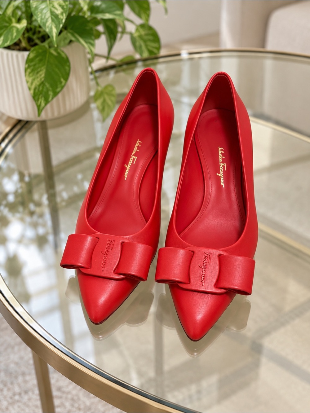 Salvatore Ferragamo Red Leather Pointed-Toe Flats with Signature Bow